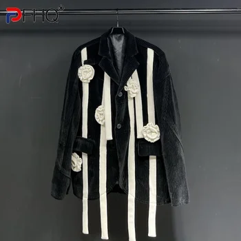 PFHQ Толстый костюм Плавающая веревка Дизайн Тренч Высокое качество Цветы Ручная работа Структура пальто Блейзер Мужские куртки Осень Ins 21F1305