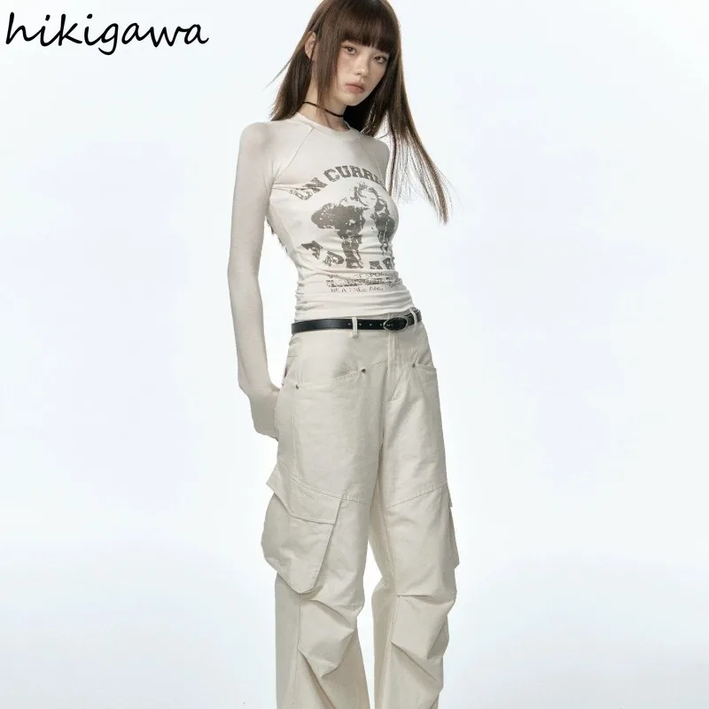 Рубашки для женщин Винтажные футболки с длинным рукавом и принтом с о-образным вырезом 2023 Ropa Mujer Мода Корейские Y2k Топы Туника Сексуальные укороченные футболки