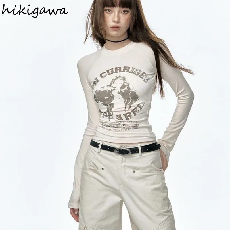 Рубашки для женщин Винтажные футболки с длинным рукавом и принтом с о-образным вырезом 2023 Ropa Mujer Мода Корейские Y2k Топы Туника Сексуальные укороченные футболки