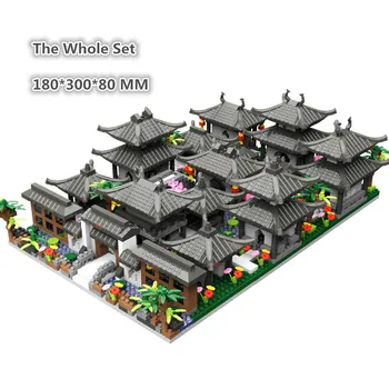 Вся модель Китайская традиционная Сучжоу Двор Сад Храм Озеро Дерево Архитектура Строительный блок Алмазный кирпич Двор Наборы