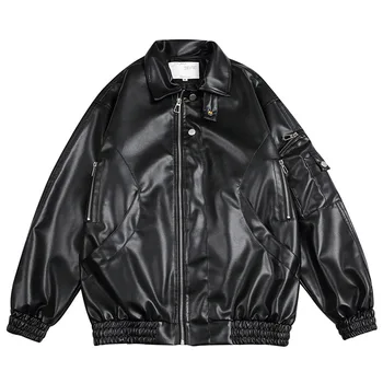  Мужская кожаная куртка Функциональный стиль Двойная молния Свободное пальто из искусственной кожи Модные мотоциклетные кожаные куртки