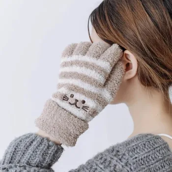 Японские одинарные мягкие хлопчатобумажные перчатки, мультяшные вышитые перчатки с пятью пальцами, плюшевая утолщенная теплая сумка с половиной края