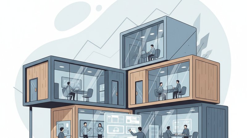 Современное модульное здание для офиса продаж, чистый дизайн, иллюстрация для статьи о выборе.