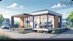 Современный футуристичный дизайн модульного офиса продаж автомобилей в стиле 2026 года для бизнеса